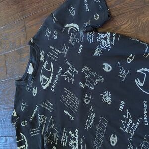 CHAMPION I Black & White Handwriting Logo Crew Neck Short Sleeve T-Shit Top, L